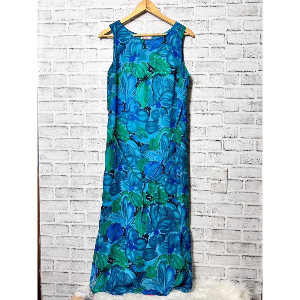 R&K Originals Blue Green Floral Sleeveless Maxi Dress Tie Back Size 10 RN89700